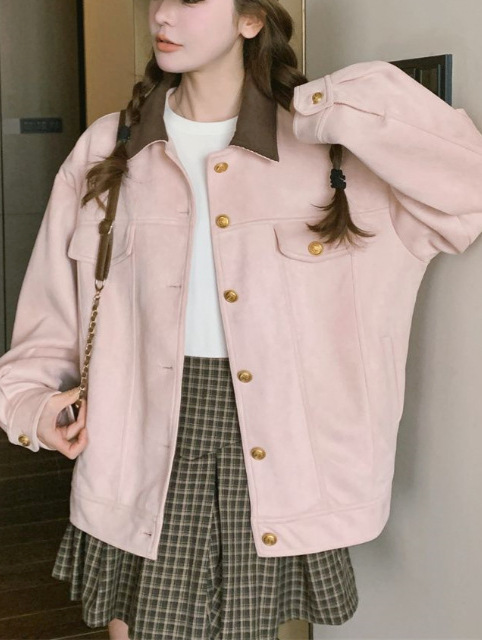 春秋2025新款粉色麂皮绒工装外套女甜美小个子学院风休闲夹克上衣|undefined