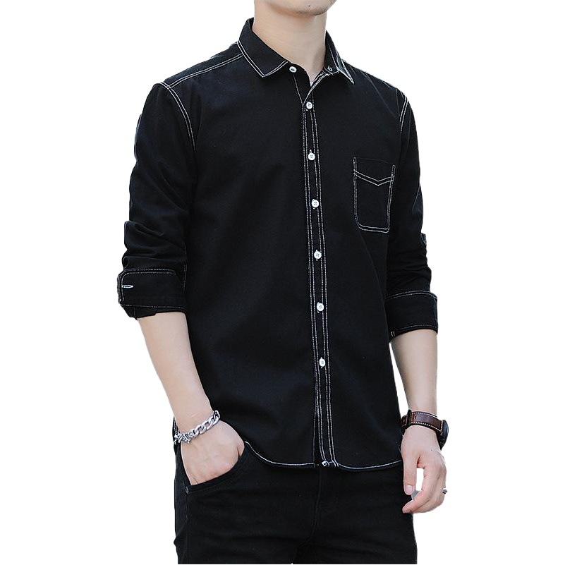Camisa Dongyu para hombre, camisa de algodón negra estilo denim sintético para primavera, camisa informal moderna para hombre, en stock, venta al por mayor, versátil.