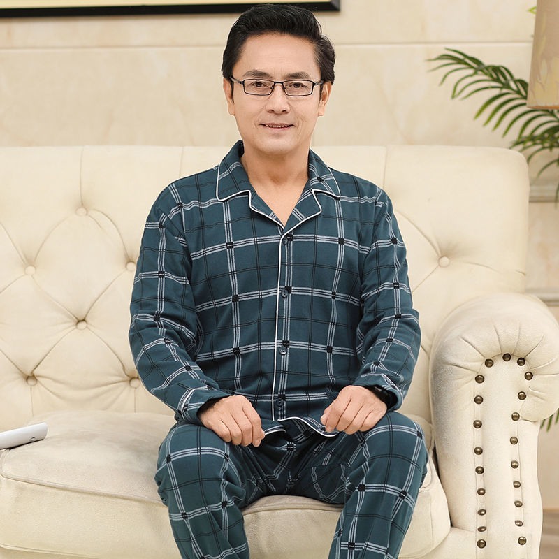 Pijamas de mediana edad y ancianos para hombres de primavera y verano 100% algodón de manga larga más tamaño cardigan Delgado traje de homewear