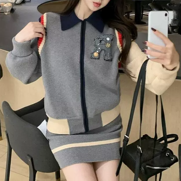 欧版气质减龄学院风时尚套装春秋撞色针织开衫高腰半身裙子两件套