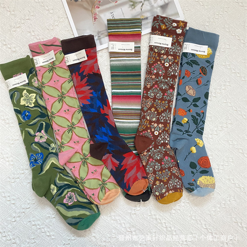 Calzini floreali alla moda con stampa a olio BM francese, da 2025d, sopra il ginocchio, con polpaccio._voghion.com