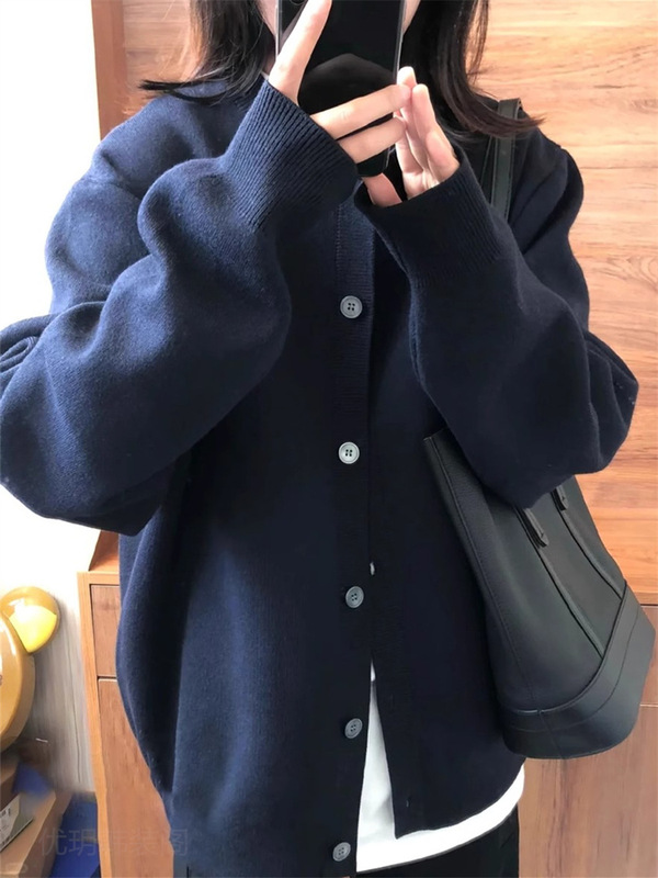 藏青色毛衣开衫外套女针织衫秋季新款宽松慵懒风别致休闲百搭上衣|undefined