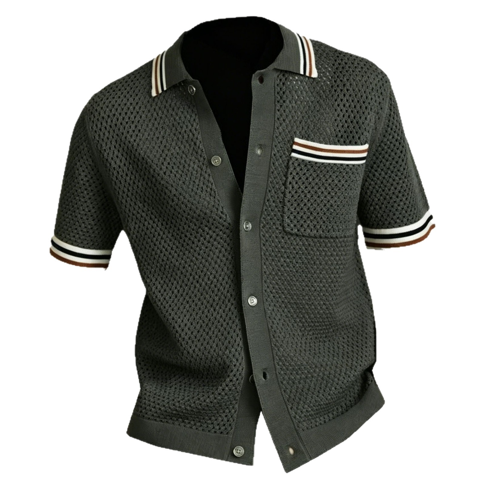 Camiseta polo con solapa de manga corta camiseta de punto hombre Cardigan agujerado retrógrado rayas viejas camisetas de estilo de dinero comercio exterior transfronterizo mayorista