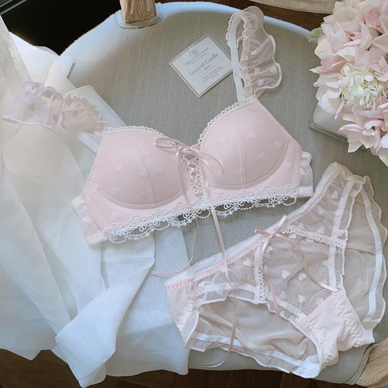 Student Sweet Female Intimates Set Soft Girl Cute No Rims Girl Bra Push up Small Breasts Lace Straps Thin Section