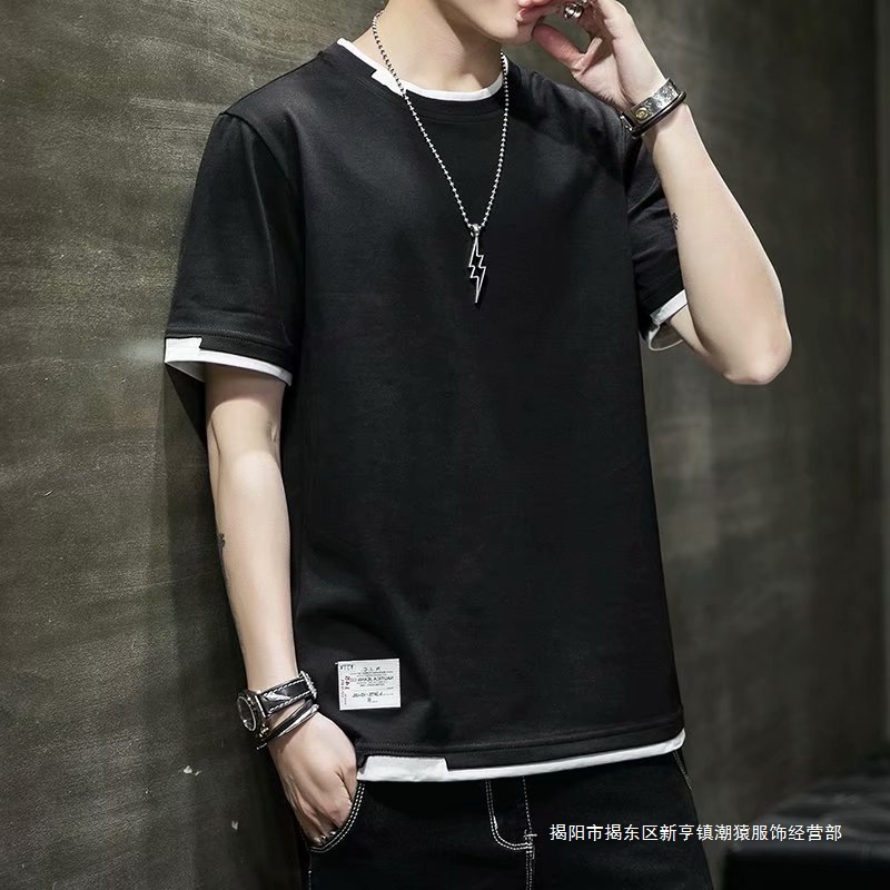 2024 New Summer Loose Casual Versatile Fake Two-Piece Short-Sleeved T-Shirt Men's Korean Style Trendy Couple Half-Sleeved Trend