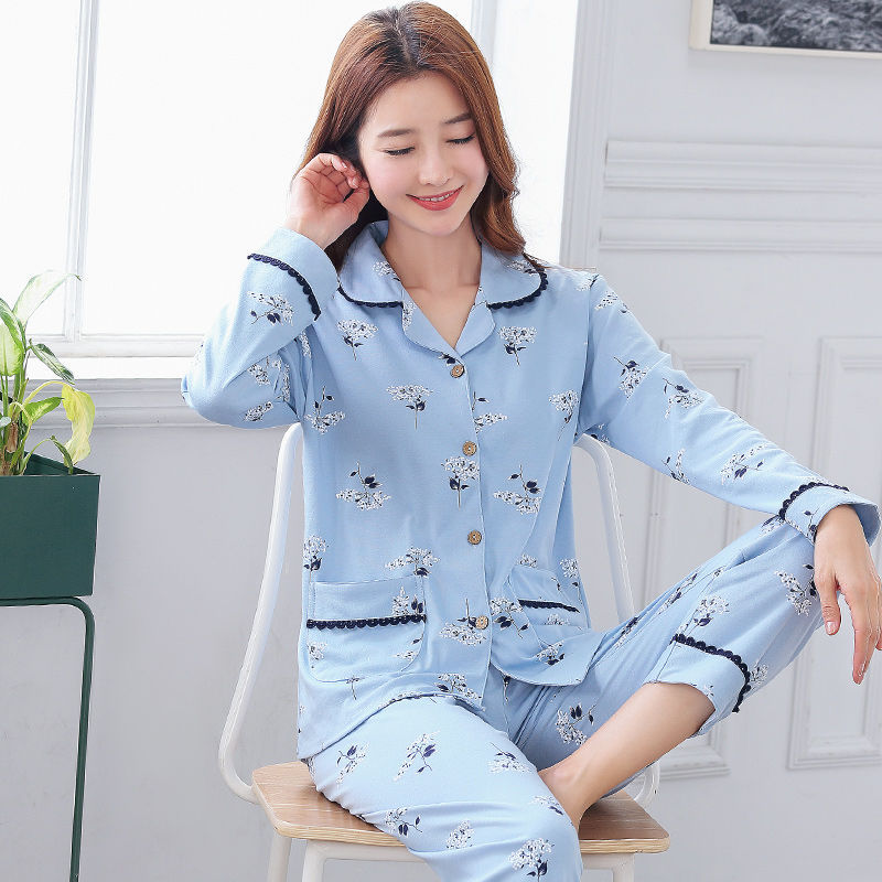 100% pijamas de algodón de manga larga de las mujeres de primavera y otoño de mediana edad y ancianos suelta más el tamaño de mediana edad traje de desgaste en el hogar