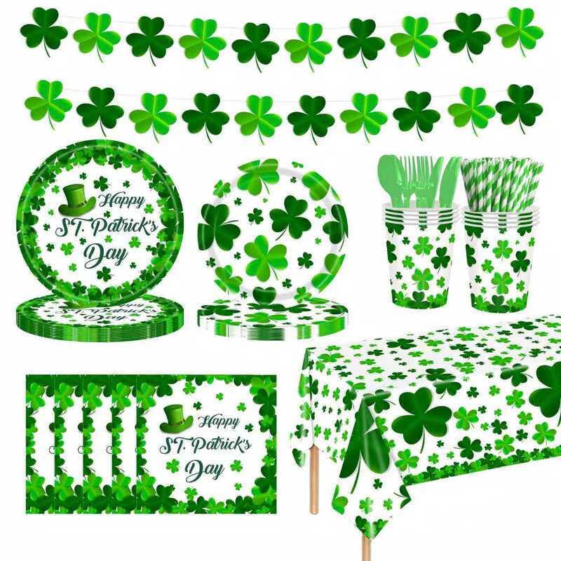 New St. Patrick's Day Clover-Themed Disposable Paper Plates, Napkins, and Cups for Children's Birthday Party Decorations New St. Patrick's Day Clover-Themed Disposable Paper Plates, Napkins, and Cups for Children's Birthday Party Decorations