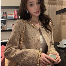 感小香风金色编织亮片羊毛呢短外套女圆领钉珠洋气短裙套装