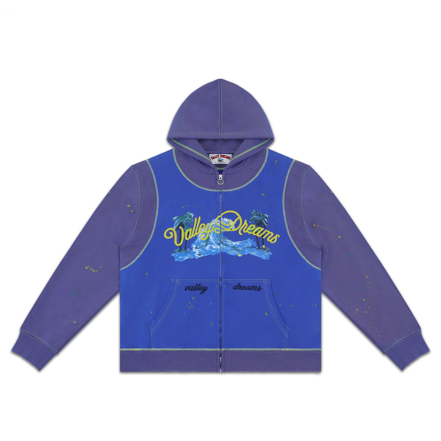VALE VALLEY American street style letter embroidered hoodie, unisex, color-blocked, splash-ink design, loose-fitting, zip-up jacket