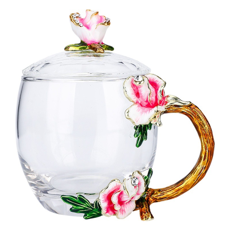 Taza de vidrio esmaltado creativa, nueva taza de agua de una sola capa con tapa con diseño de rosa, taza esmaltada al por mayor para regalo promocional navideño.