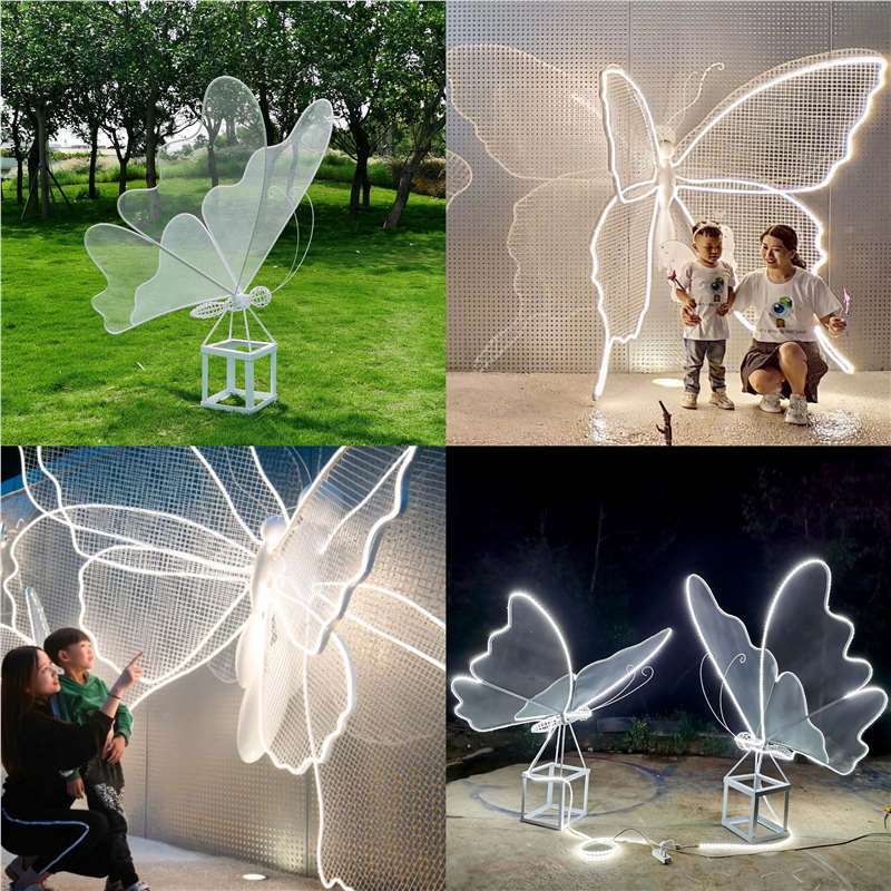 Outdoor stainless steel illuminated hollow butterfly sculpture, wrought iron insect ornament, lawn community sales office decoration.