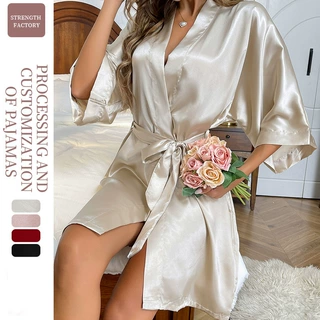丹尼林跨境新款开衫系带浴袍女性感仿真丝睡袍休闲薄款家居服睡衣