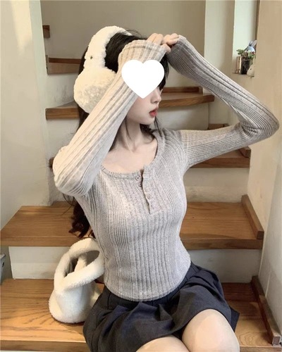 Original Fabric Collar Short-Sleeve Long-Sleeve Autumn/Winter Charming Girl's Knit Button-Front Shoulder-Strapped T-Shirt Underwear Top
