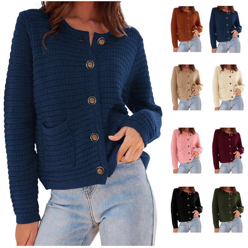 2023 Europe and the United States round neck knitted commuter retro autumn casual cardigan long sleeve women's clothing