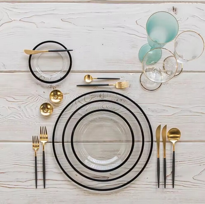 Ins-Style Gold-Rimmed Glass Fruit Plate, Strawberry Plate, Western-Style Plating Tableware Set, Export Glass Plate