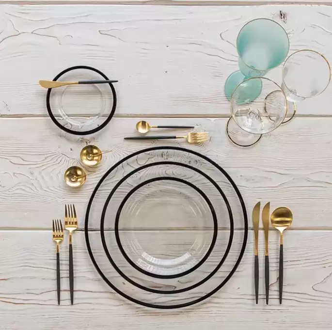 ins风金边玻璃水果盘草莓盘西餐摆盘餐具套装外贸玻璃盘