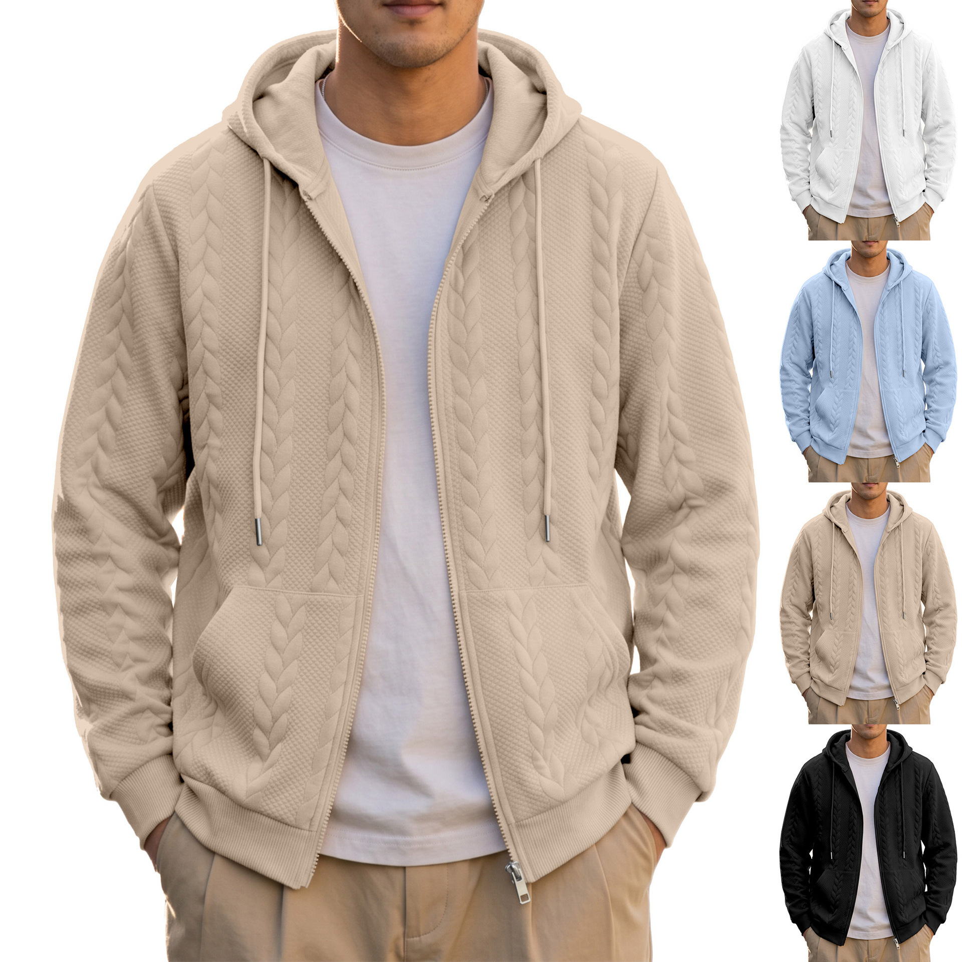 Cross-border European and American Amazon men's new autumn and winter casual loose-fit fashionable solid-color jacquard long-sleeve hooded sweatshirt