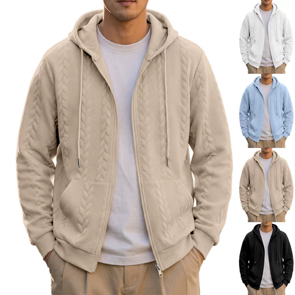 Cross-border European and American Amazon men's new autumn and winter casual loose-fit fashionable solid-color jacquard long-sleeve hooded sweatshirt