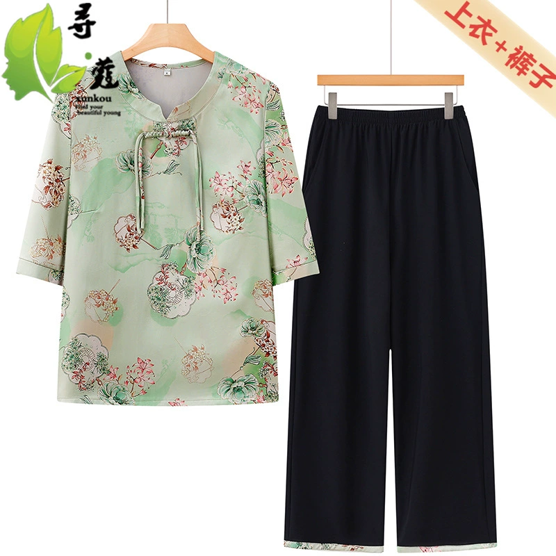 Новый костюм бабушки для женщин, женская одежда среднего и пожилого возраста, летний тонкий комплект из двух предметов для пожилых людей, элегантная одежда с принтом.