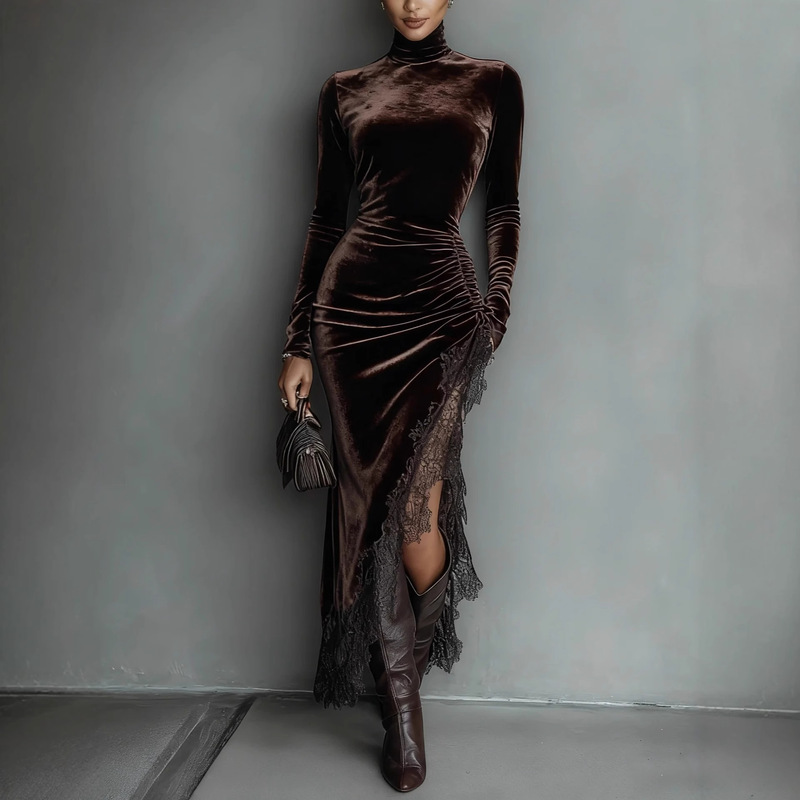 2025 European and American Women's Fashion Independent Site Amazon High-Neck Velvet Long Dress Slim-Fit Ruched Dress Backless Long Sleeve