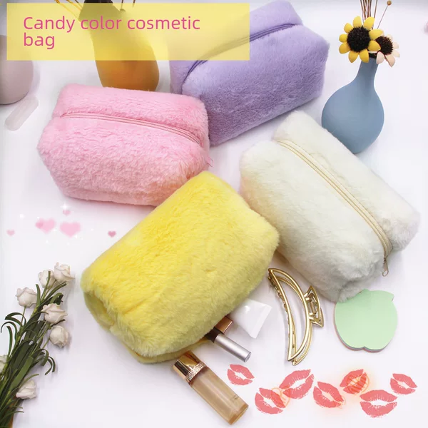 Cross-Border Ins-Style Girly Plush Cosmetic Bag for Women, Portable Travel Storage Bag, Simple Toiletry Bag, Handheld Plush Bag