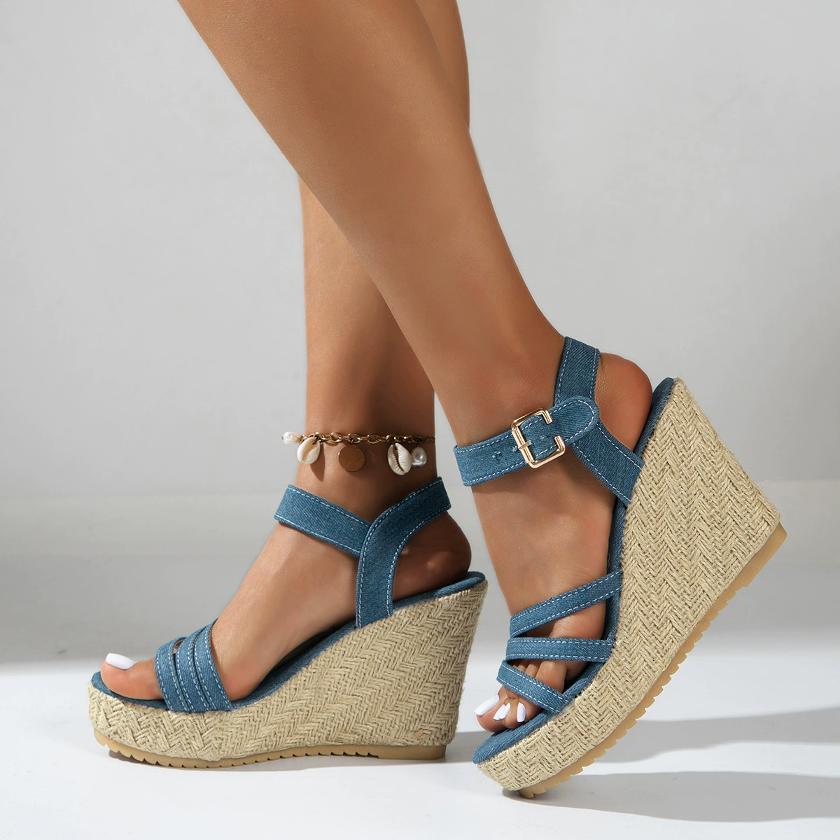 Women’s summer platform wedge sandals, straw platform, blue, sizes 36–42