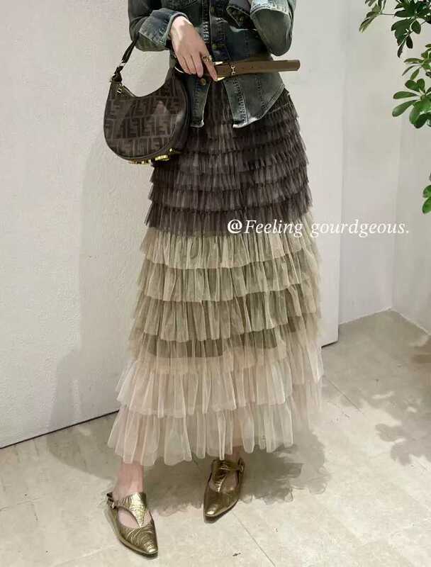 爱丽丝甜美渐变网纱蛋糕裙重工拼接中长款半身裙秋法式仙女裙5色|undefined