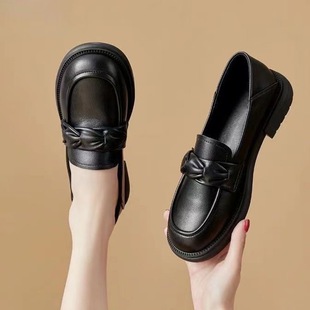 British Style Small Leather Shoes for Women 2024 Spring & Fall New Round-Toe Low-Heeled Flats One-Leg Loafers Showing Feet Small Women's Shoes