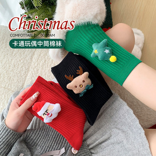 2024 cross-border Christmas socks cartoon doll cute winter color cotton socks independent packaging Christmas socks wholesale