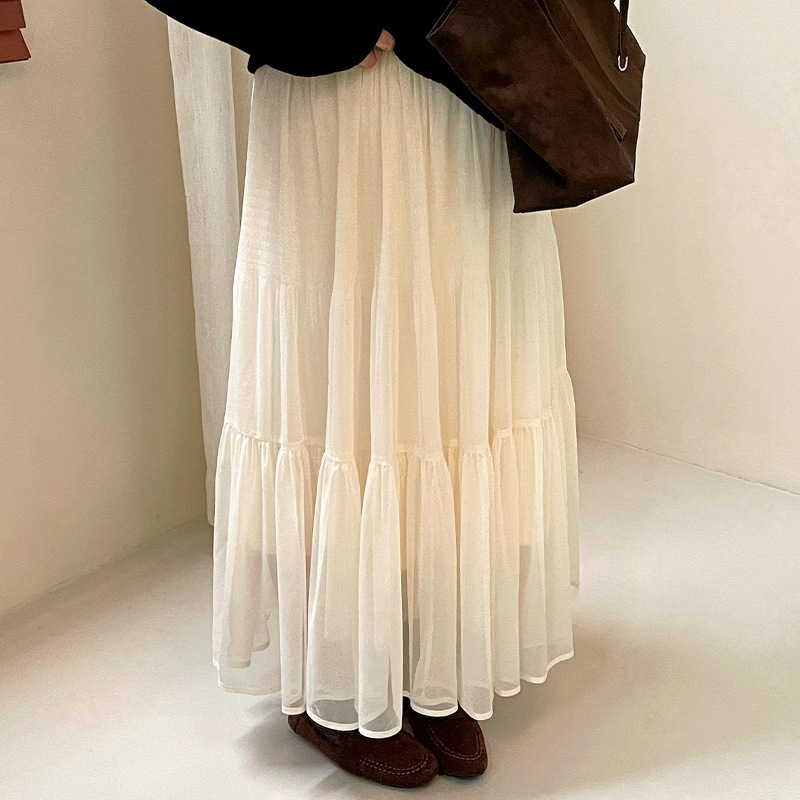 High-waisted, elegant mesh and thin velvet midi skirt for women, 2026 winter collection, plus-size, gentle style, tiered long skirt NQ1615