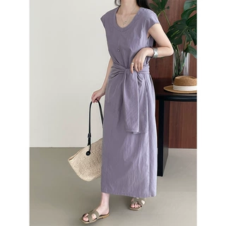 滔川私服推荐~紫色收腰绑带连衣裙女小众宽松显瘦开叉背心裙2581