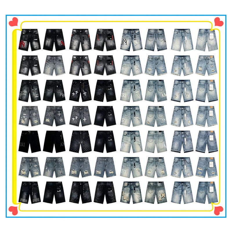 American streetwear brand purple rhinestone jeans, Amiri ripped patchwork splatter paint vintage washed embroidered 5-point shorts American streetwear brand purple rhinestone jeans, Amiri ripped patchwork splatter paint vintage washed embroidered 5-point shorts