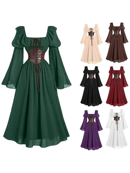 Medieval Cross-Border European and American New Women's Palace Retro Dress Trumpet Sleeve Waist Square Collar Bat Sleeve Long Dress