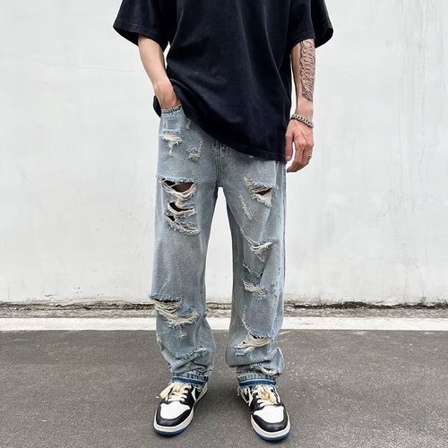 Men's Ripped Denim Jeans with Western Vibe, Cool and Casual Straight Leg Pants, Summer American High Street Style, Instagram Retro Trendy Pants