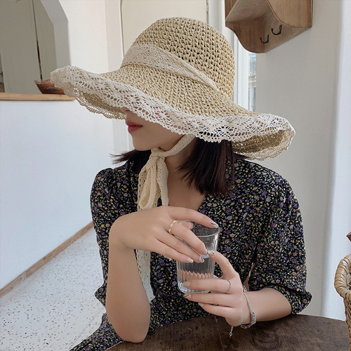 Hat Women's Straw Hat Korean Style Trendy Versatile Japanese Summer Thin Breathable Lace Hollow Small Fresh Windproof Rope