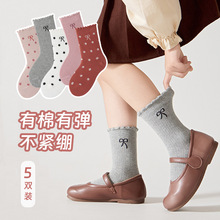 儿童袜子批发2024秋冬新款 日系卷边中筒棉袜波点蝴蝶结女孩童袜