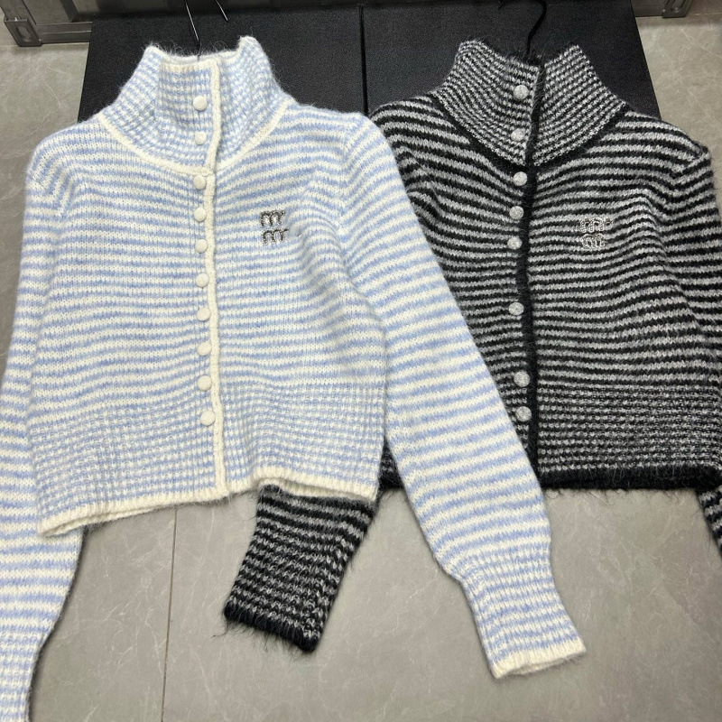 Miu Korean Style 2025 Autumn and Winter New Style Lazy Style Stand-Up Collar Stripesd Knitwear Women's Single-Breasted Knitwear Top