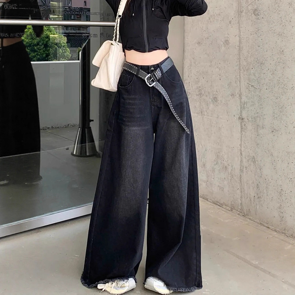 American Retro 2025 Winter High-Waisted Loose Slimming Drape Raw Hem Floor-Length Black Wide-Leg Jeans for Women