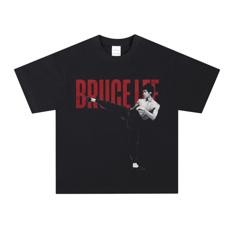 Bruce Lee Movie Round Neck American Student Youth Retro Off-Shoulder Heavy Loose Oversize Long and Short Sleeve T-Shirt