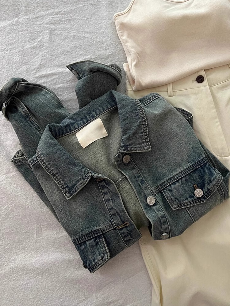 Women's Clothing Vintage Blue Lapel Denim Coat Women's Early Spring Loose All-match Hong Kong-style Jacket Short Top_voghion.com