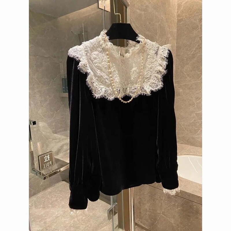 Autumn new gold velvet stitching lace women's clothing this year popular beautiful unique unique top foreign style shirt women
