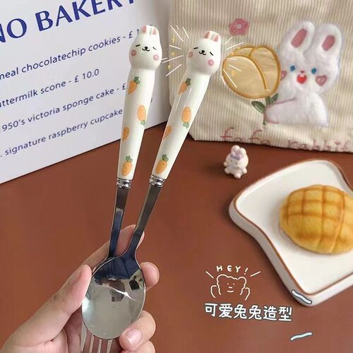 Cute Rabbit Cartoon Stainless Steel Three-Piece Set Convenient Student Outdoor Spork Fork Chopsticks Box Gift Set