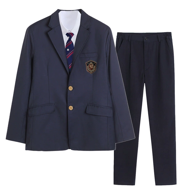 Men's navy blue suit + men's white long sleeves + navy blue trousers + dark blue crown tie