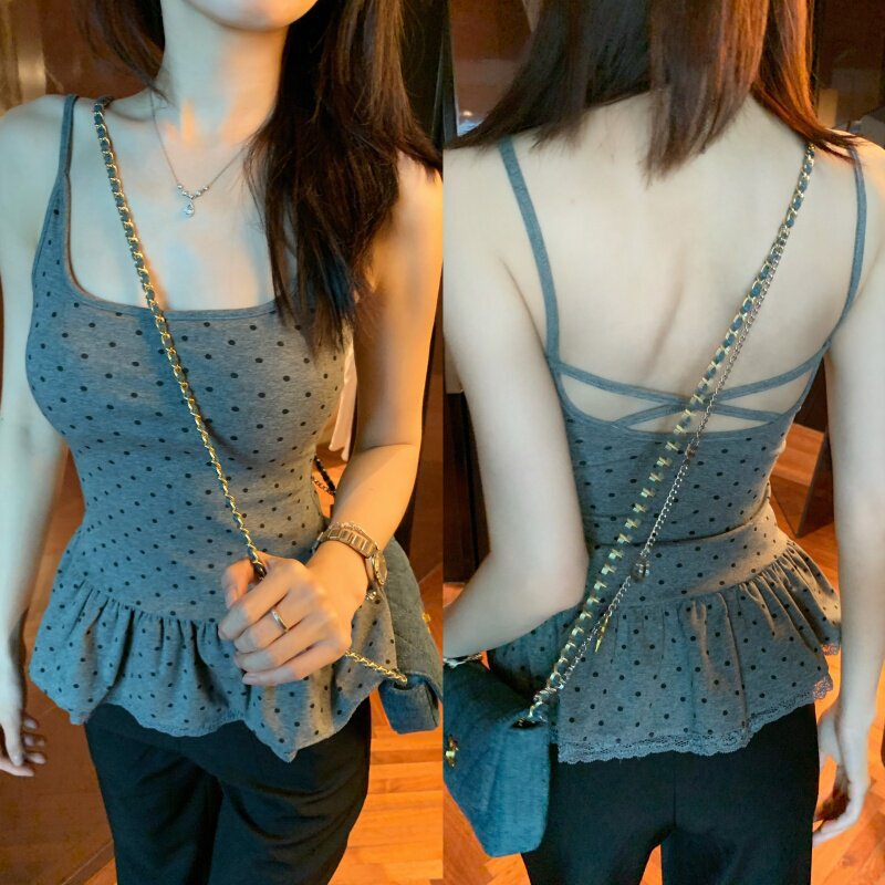 Polka Dot Cross-Back Stylish Hem Top for Women, Sexy Backless Camisole with Built-in Chest Pads