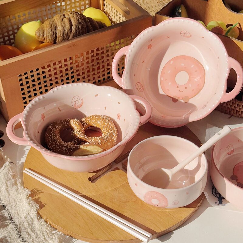 Cute and Fun Donut-Shaped Tableware for One Person, Beautiful Bowl and Plate Set, Soup Bowl, Rice Bowl, Household Ceramic Plate with Underglaze Color Cute and Fun Donut-Shaped Tableware for One Person, Beautiful Bowl and Plate Set, Soup Bowl, Rice Bowl, Household Ceramic Plate with Underglaze Color