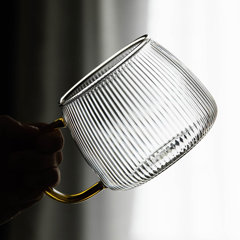 Japanese vertical striped handled glass cup, high-temperature resistant, flat bottom, heatable, large capacity, stylish household cup
