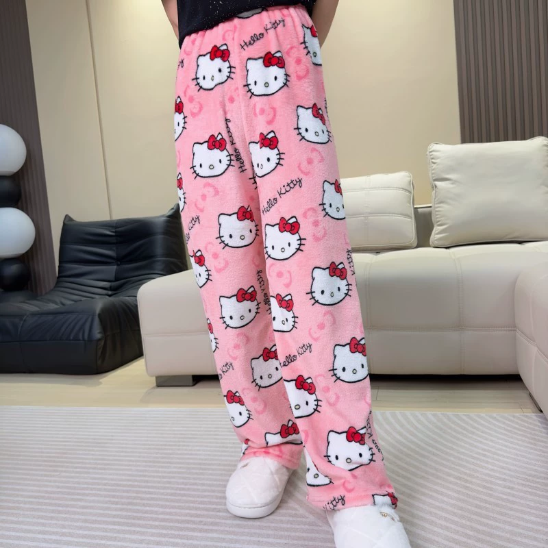 Брюки Hello Kitty коралловый бархат, тёплые, размеры S–XXL, милый флисовый домашний