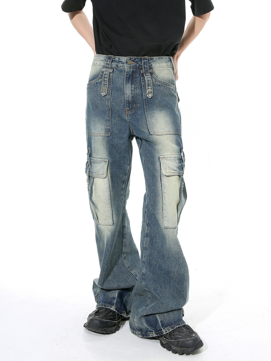 MTLClothes ropa de Hombre | 2024 primavera nueva moda hermosa High Street angustiado diseño Multi-Bolsillo jeans rectos