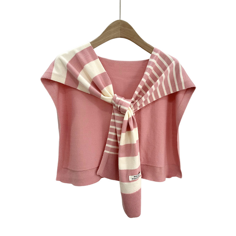 Primavera y otoño tejido a rayas cruzadas pequeñas sopales de cuello decoración delgada hombro de collar falso cardigan nudo
