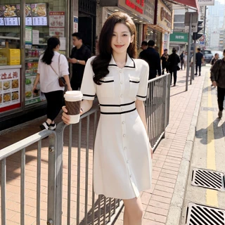 深圳南油名媛小香风气质拼接撞色翻领短袖白色A字冰丝针织连衣裙